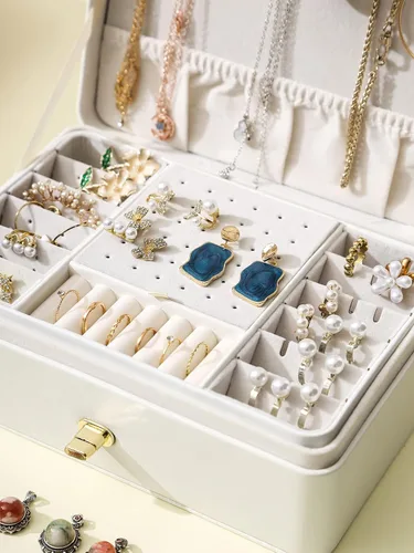 Vista 4 de AOSIFIEL Joyero y organizador para mujeres, adolescentes, niños, aretes, joyero con colgador de collar, caja de joyería de pie de piel sintética