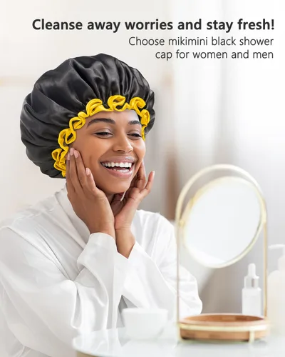 Vista 31 de Gorro de ducha negro extra grande para mujeres y hombres con cabello grueso, largo y trenzas, reutilizable, impermeable, de doble capa XL, gorros