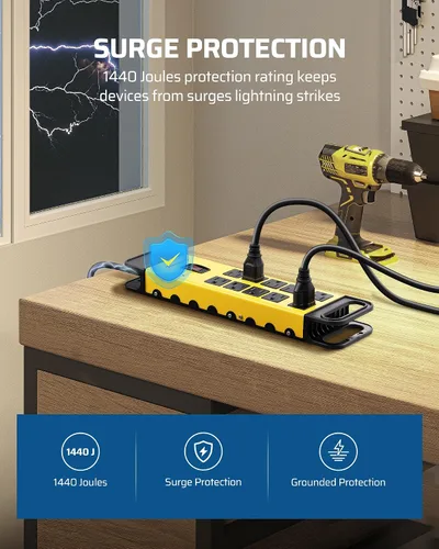Vista 3 de DEWENWILS Regleta de alimentación de 10 tomas con protector de sobretensión metálico, certificación UL, cable de 6 pies con enchufe plano