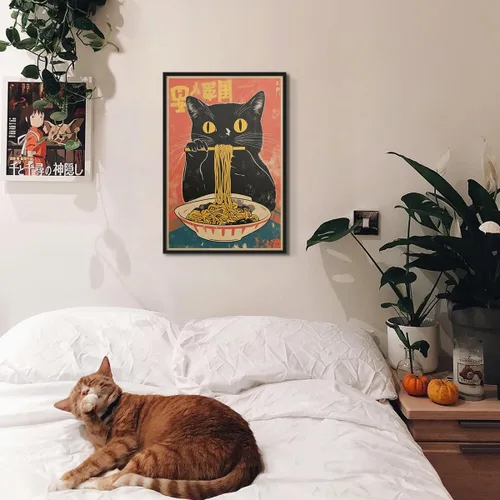 Vista 5 de Arte de pared vintage de gato japonés en lona, póster de gato negro peculiar comiendo ramen, impresión de arte retro de animales divertidos