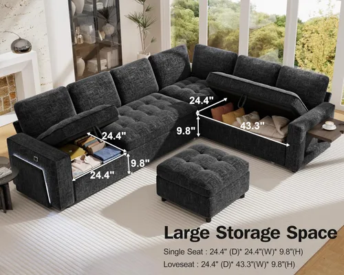 Vista 7 de Vipbear Sofá cama modular en forma de L de 7 asientos con otomana/cama extraíble/respaldo reclinable/puertos USB/mesa/luz LED/asiento de Negro