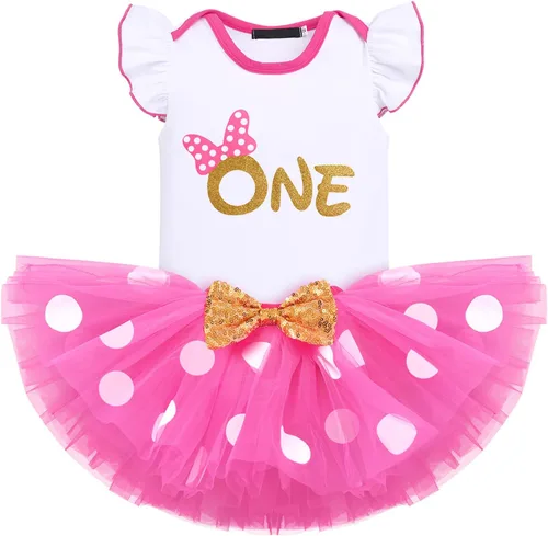 Vista 14 de IMEKIS Conjunto de mameluco para bebé niña de primer y tercer cumpleaños + falda tutú de lunares + diadema para niños pequeños sesión de fotos