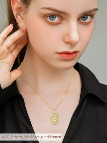 Vista 2 de DPUY Collar con dije de letra inicial del alfabeto de oro amarillo sólido de 14 quilates de la A a la Z para mujeres y niñas, joyería de regalo