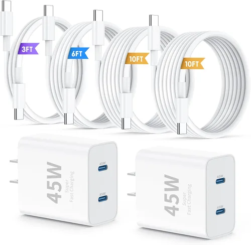 Vista 19 de QZIIW Cargador Samsung súper rápido tipo C, bloque de cargador rápido USB C de 45 W de doble puerto [paquete de 2] y cable USB C extralargo de 60 W