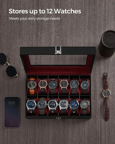 Vista 4 de SONGMICS Caja de reloj, caja de reloj de 12 ranuras con tapa de vidrio grande, almohadas extraíbles para reloj, organizador de caja de reloj, regalo