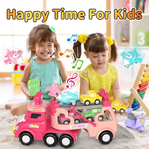 Vista 5 de newcrave - Juguetes de camiones para niñas de 1, 2, 3 años, juguetes de autos transportadores 7 en 1 para niñas pequeñas de 1-2, 2-3 años, juguete