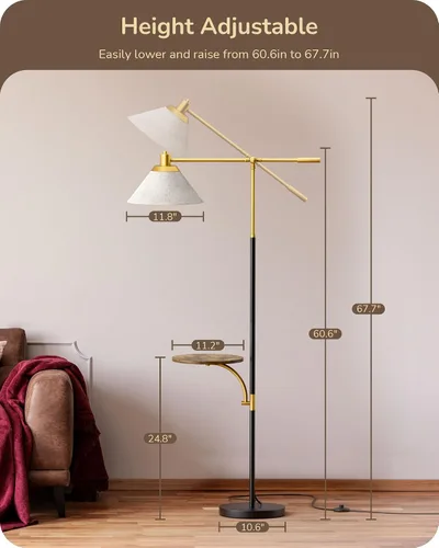 Vista 6 de EDISHINE - Lámpara de pie de arco de 68" con mesa, lámpara de pie vintage para sala de estar con bandeja, altura ajustable, bombilla LED de 5