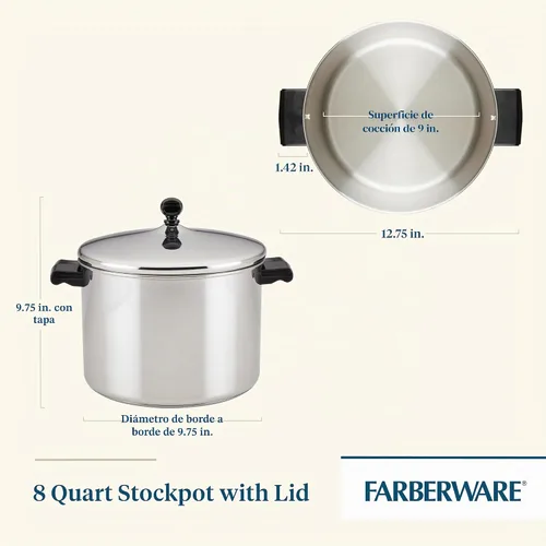 Vista 3 de Farberware Olla clásica de acero inoxidable de 8 cuartos con tapa, olla de acero inoxidable con tapa, color plateado