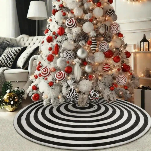Vista 3 de Falda de árbol de Navidad en blanco y negro de 36 pulgadas, pequeña falda de terciopelo en espiral para árbol de Halloween, tapete de árbol
