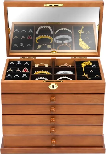 Vista 13 de Wooden Jewelry Box for Women 3-Tier Jewelry Organizer Box Dark Brown