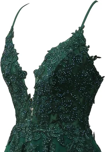 Vista 6 de Kncpti Vestido de fiesta con tirantes delgados, cuello en V, apliques, largo, formal, vestido de baile de noche, sexy, con abertura para mujer
