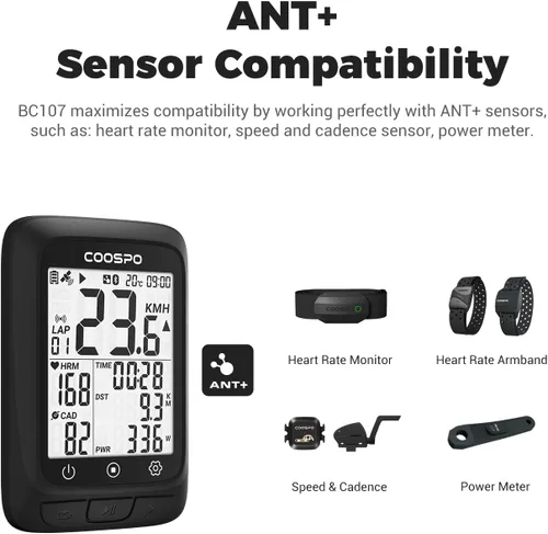 Vista 4 de COOSPO Ordenador de bicicleta GPS inalámbrico, ANT+ Ciclismo GPS con Bluetooth, multifuncional ANT+ computadora de bicicleta GPS con pantalla LCD
