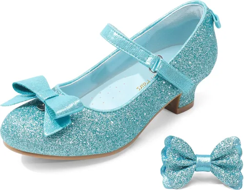Vista 6 de DREAM PAIRS Zapatos de vestir de tacón bajo para niñas, con lazo intercambiable, purpurina, boda, fiesta, Mary Jane, zapatos para niños pequeños