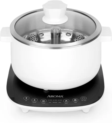 Vista 9 de Aroma Housewares AMC-130 Whatever Pot, parrilla de interior, cocina, olla caliente con tapa de vidrio, asas de bambú, 2.5 L, acero inoxidable/blanco