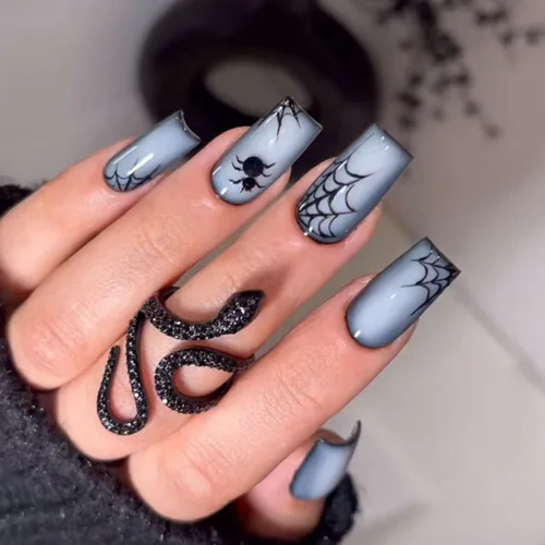 Vista 13 de Uñas postizas a presión para Halloween, cuadradas, cortas, con diseños de bosque lunar, uñas postizas con pegamento oscuro brillante en las uñas