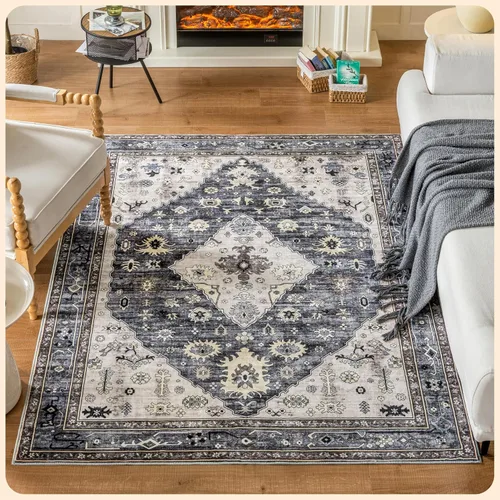 Vista 8 de Istana Alfombra larga antideslizante de 2.5 x 8 para el hogar, para pasillo y cocina, lavable, sedosa y suave al tacto, elegante, color azul y marfil
