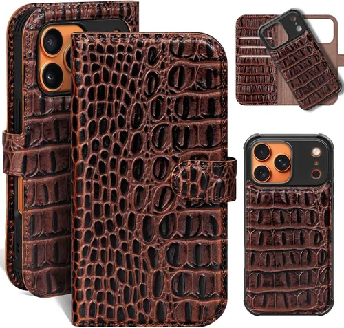Vista 20 de Funda de cuero compatible con iPhone 16 Pro Max Cartera 6.9", cuero genuino 2 en 1, magnética, desmontable, a prueba de golpes, funda tipo folio