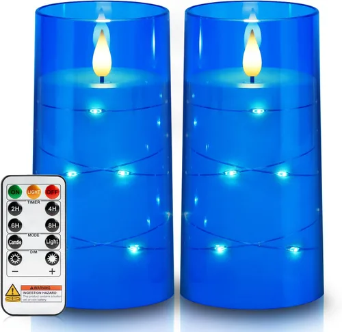 Vista 18 de Homemory Velas sin llama con cadena de estrellas incrustadas, velas que funcionan con pilas, velas LED, velas falsas con control remoto y Azul