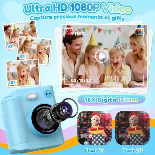 Vista 3 de Cámara para niños Impresión instantánea: Juguetes para niños y niñas, cámara digital que imprime fotos, regalo de cumpleaños de doble lente