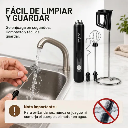 Vista 5 de Varita espumadora de leche recargable de mano con 3 cabezales Negro-De Mano