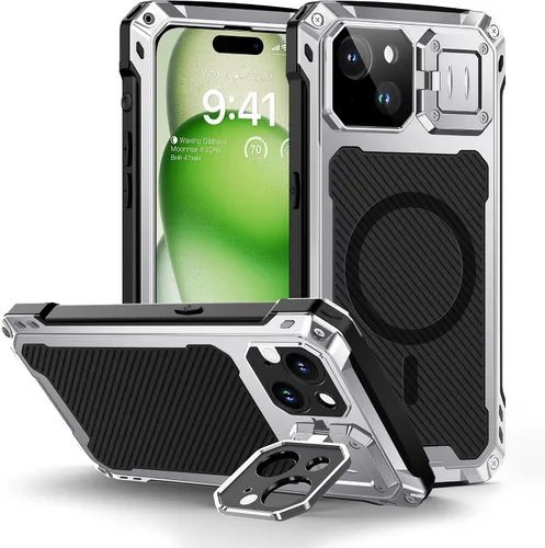 Vista 11 de Lanhiem Funda de metal para iPhone 13 con funda de cámara y soporte [compatible con MagSafe] [Soporte integrado] [Protección de grado militar] Funda