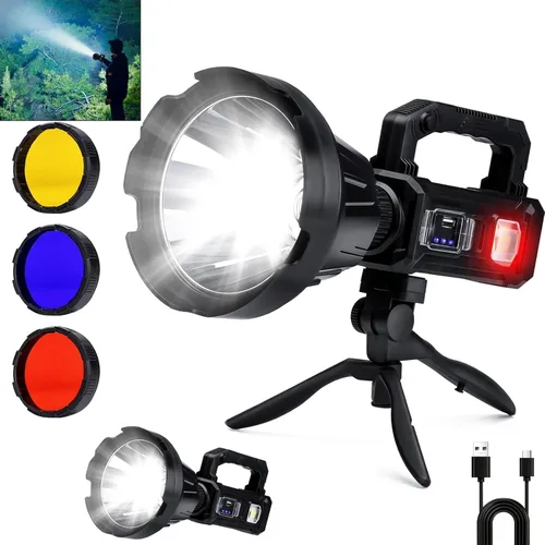 Vista 8 de Linterna de foco recargable, 2,000,000 L lúmenes, luz LED de mano con rotación de 350°, 9 modos, carga solar y USB-C, impermeable, linterna