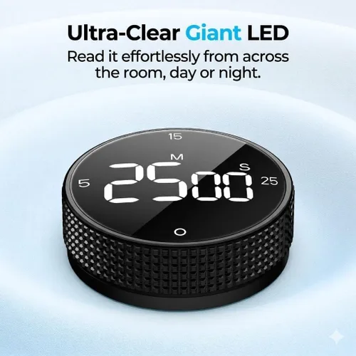 Vista 4 de Temporizador magnético de cocina para cocinar con alarma fuerte - Gran pantalla LED de cuenta atrás rotativa Pomodoro, preajuste de 5/15/25 minutos