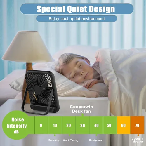 Vista 3 de Ventilador pequeño de escritorio, ventilador personal recargable portátil con alimentación por batería, 100 velocidades, inclinación ajustable