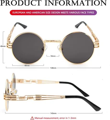 Vista 6 de AIEYEZO Round Steampunk Sunglasses for Men Women Retro Circle Hippie Glasses Metal Frame 100% UV Blocking Lens