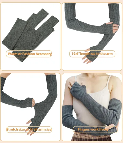 Vista 22 de Guantes cálidos de cachemira de brazo largo para mujer, guantes de invierno acogedores sin dedos, calentadores de brazos suaves, gran regalo