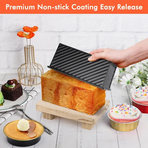 Vista 7 de Beasea Pullman - Molde para pan con tapa, paquete de 2 moldes pequeños antiadherentes para pan de 0.5 lb, acero al carbono, mini caja para pan Negro