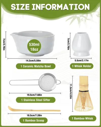 Vista 2 de Juego de batidor de matcha blanco – Juego de 5 piezas incluye chawan de 17 onzas con boquilla, batidor de bambú Chasen con soporte de cerámica