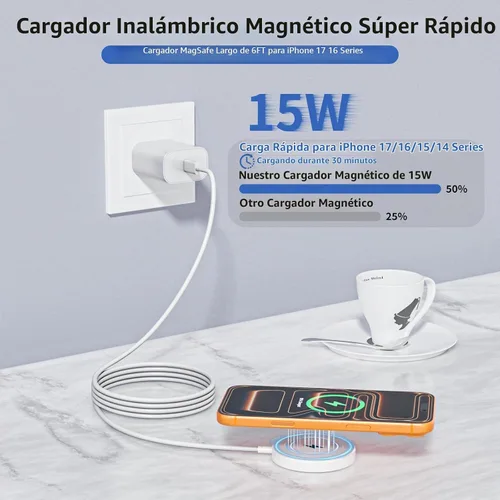 Vista 2 de Cargador inalámbrico magnético para iPhone, [certificado Apple MFi] Cable de carga Apple Mag-Safe de 6 pies, almohadilla de carga inalámbrica