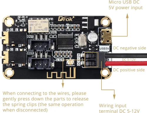 Vista 3 de DROK Placa de Bluetooth, Receptor de Audio de 12V, Módulo de Bluetooth DC 5V-12V, Electrónica Portátil, Circuito de Recepción de Música Estéreo