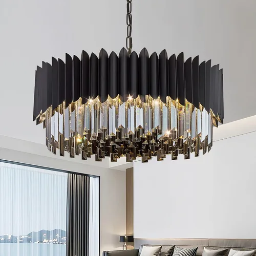 Vista 17 de Candelabro de cristal negro de 20 pulgadas, K9, luces colgantes redondas, ajustables, de 4 niveles, gran lámpara de cristal moderna, 6 luces