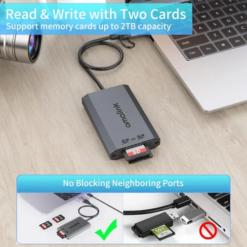 Vista 3 de Lector de tarjetas SD UHS-II de doble ranura. Adaptador de lector de tarjetas de memoria USB C SD 4.0 de doble ranura, USB 3.2 Gen 1, flujo