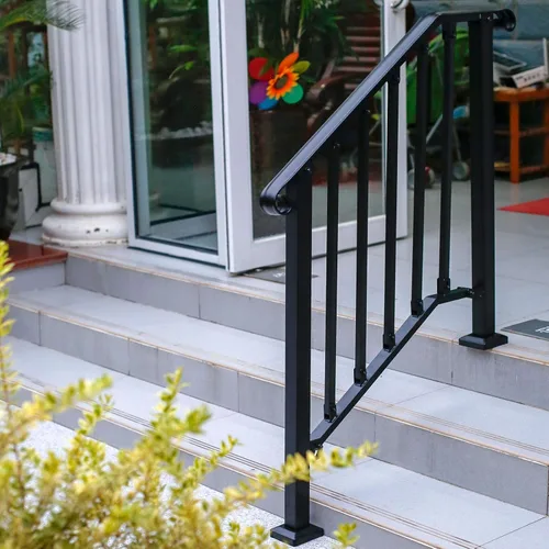 Vista 8 de Pasamanos ajustables para escalones al aire libre, pasamanos #2 para 2 o 3 escalones, pasamanos de hierro forjado mate, riel de escalera con kit