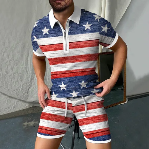 Vista 2 de Conjunto corto de 2 piezas para hombre, conjunto deportivo de verano de manga corta, polo y pantalones cortos, traje deportivo casual