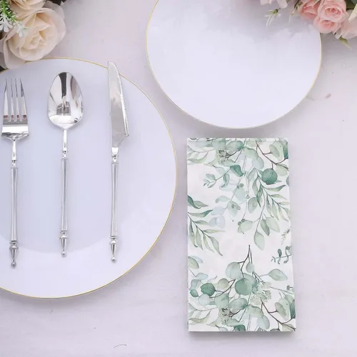 Vista 5 de Efavormart - Paquete de 20 servilletas de papel con estampado de hojas de eucalipto verde con una textura suave de 2 capas absorbente para bodas