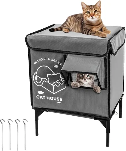 Vista 9 de Casa para gatos al aire libre, refugio elevado indestructible para gatos resistente a la intemperie con puerta de escape, exterior impermeable
