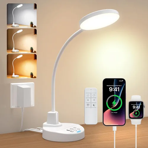 Vista 13 de Lámpara de escritorio LED de 15 W con puertos de carga USB, [botón y control remoto] Lámpara de mesa regulable con 3 modos de color, 5 niveles