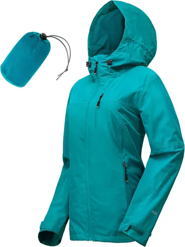 Vista 21 de Chaqueta impermeable plegable para mujer 33,000ft, ligera, impermeable, con capucha, para ciclismo y bicicleta, cortavientos Tono aguamarina