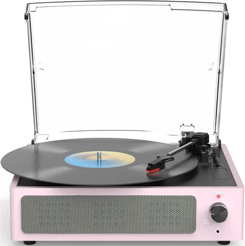 Vista 16 de Tocadiscos de vinilo vintage con altavoces, giradiscos accionados por correa, compatible con 3 velocidades, reproducción inalámbrica Bluetooth