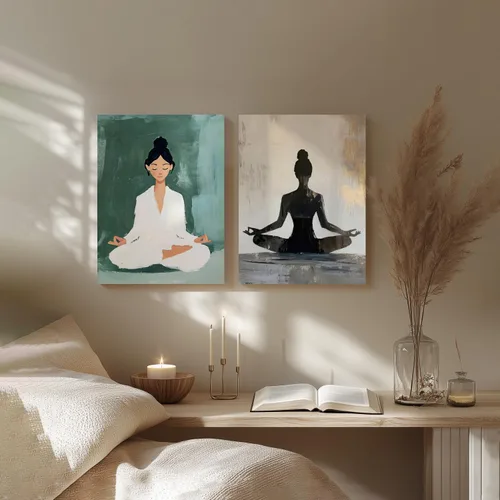 Vista 6 de GELDSTEI Arte de pared zen enmarcado, pintura moderna en lienzo de chica haciendo yoga, decoración de pared de meditación tranquila, imagen estética