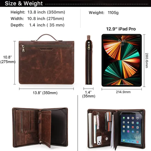 Vista 4 de Portafolio - Portafolio de cuero genuino - Organizador de cuaderno de negocios con cremallera y asa para currículum y trabajo - Padfolio
