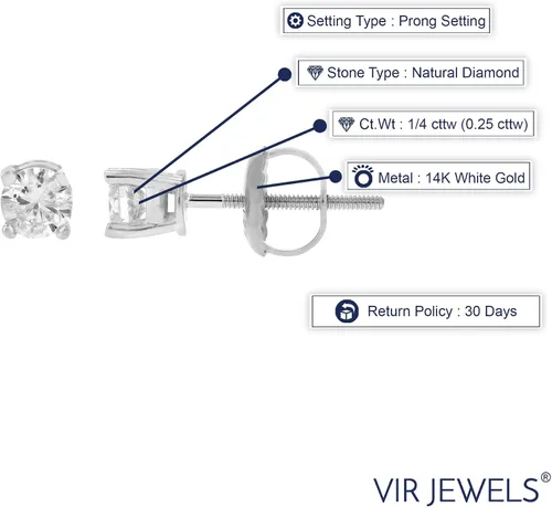 Vista 2 de Vir Jewels - Pendientes de tuerca con certificación SI2-I1 de 14 quilates, oro de 14 quilates, color H-I