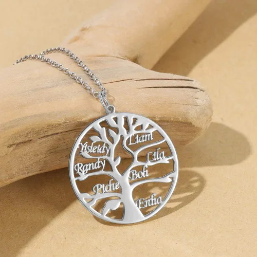 Vista 3 de Collar Kaululu con nombre personalizado para la familia, con 1-9 nombres grabado, colgante de árbol de vida, collar para mujer, hombre y familia