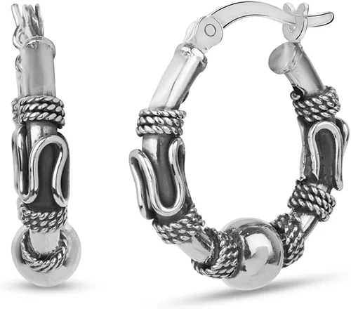 Vista 3 de LeCalla Aretes de aro balinesa oxidados de plata de ley 925, pequeños aretes de aro con cuentas de Bali antiguos para mujer