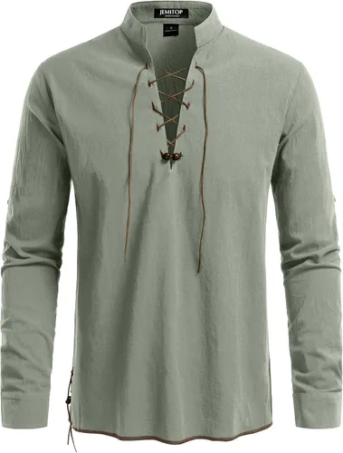 Vista 57 de JEMITOP Men's Pure Cotton Renaissance Lace Up Shirt Verde militar