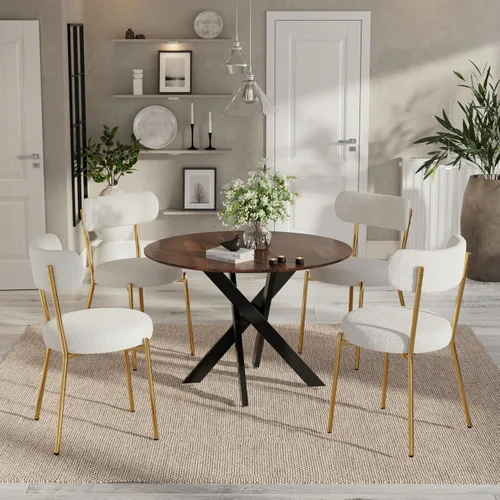 Vista 40 de Moderno juego de mesa de comedor redonda de 3 piezas, mesa de MDF circular negra y 2 sillas de comedor negras Boucle, muebles de cocina con marco